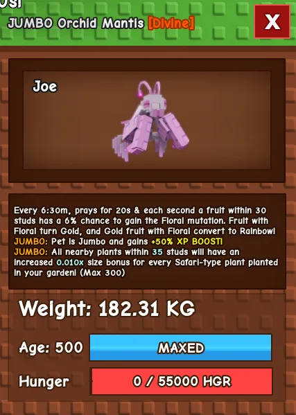 CHEAP JUMBO 182kg Orchid Mantis! Can give Floral Mutation - Gold Mutation - then finally to Rainbow Mutation! Fast Delivery