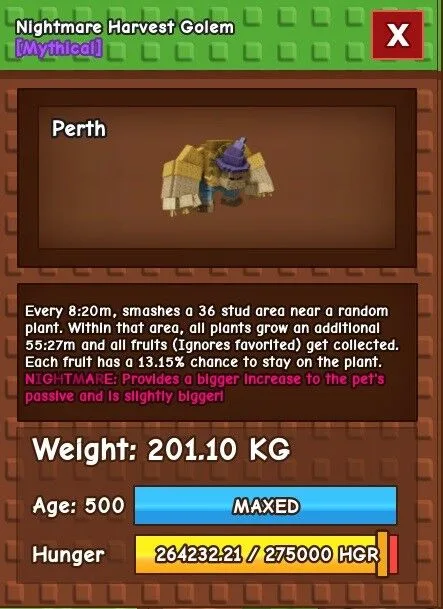 Nightmare Harvest Golem 201.10kg New Pet Harvests Your Fruit For You Huge Godly Titanic - Perth (EP)