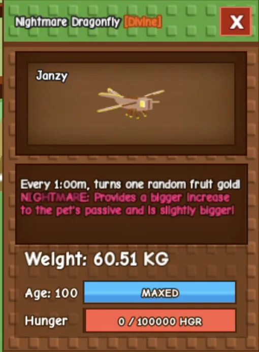 HUGE DRAGONFLY 60 KG ++ NIGHTMARE MAX LEVEL 100 RBL Grow A Garden