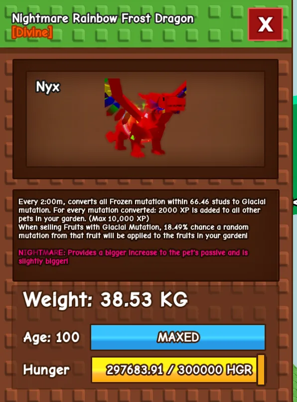 Huge Nightmare Rainbow Frost Dragon Max level (38.53KG)