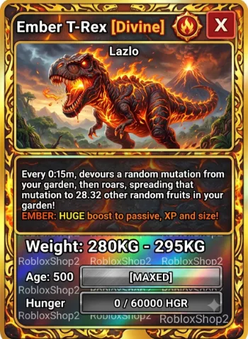 280KG 295KG EMBER GIGANTIC T-REX I 5 0 0 AGE l READY TO USE - 15 SEC CD - NO TOY LIMITED STOCK
