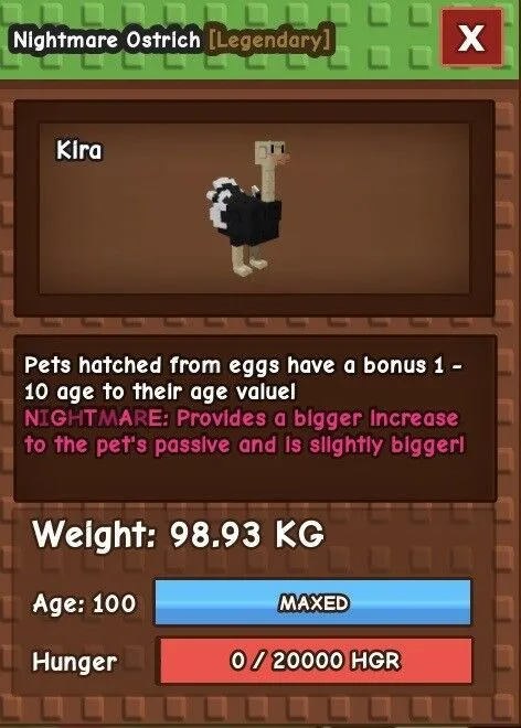 TITANIC visual Nightmare Ostrich 98.93kg age 100 - instant delivery! — Account account