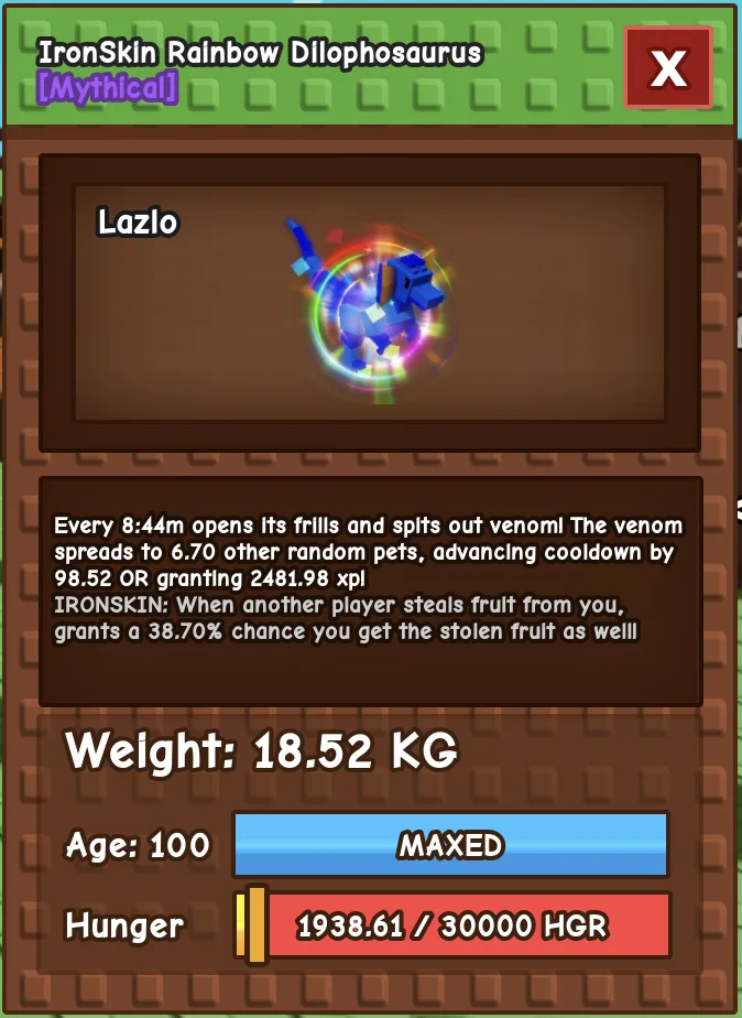 RARE! Ironskin RBH Dilo 18.52 KG (Instant delivery, only 2 Ironskin RBH Dilos in game. Raimbow hatch Dilo Rare Mutation Ironskin) — Account account