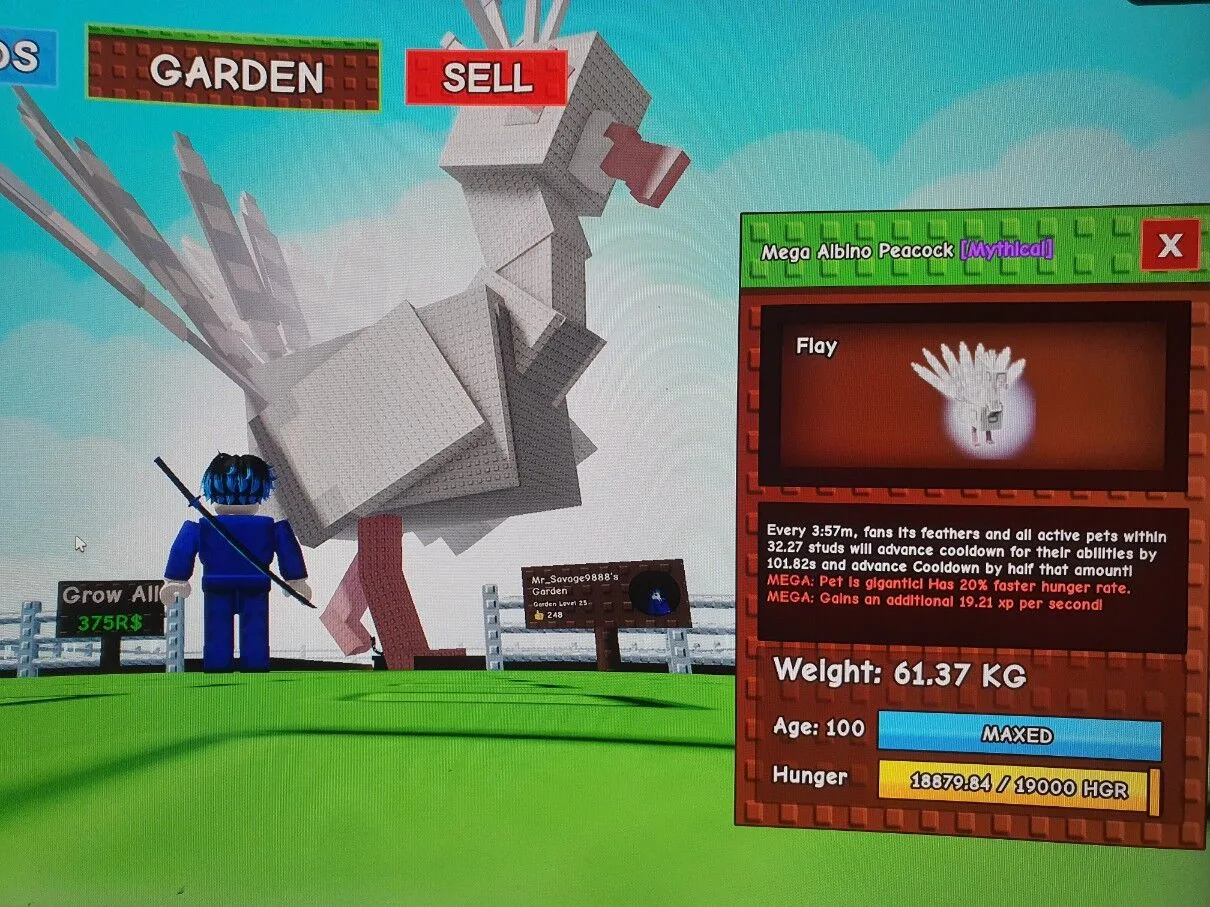 ALBINO PEACOCK GIAGANTIC DLC PET LIMITED PET 60-61 KG AGE 100 NON STOP ABILITY USE GROW A GARDEN — Account account