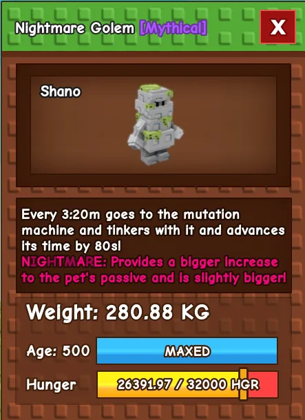 280 KG+ GOLEM NIGHTMARE MAX AGE LEVEL 500