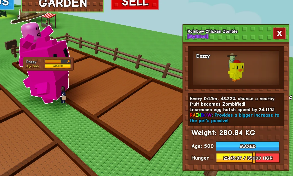 280KG RAINBOW Chicken Zombie Mythical // super handsome // Age 500 MAXED // 48.22 Zombified // +24.11 Egg Hatch Speed//not disco bee//i run out of t