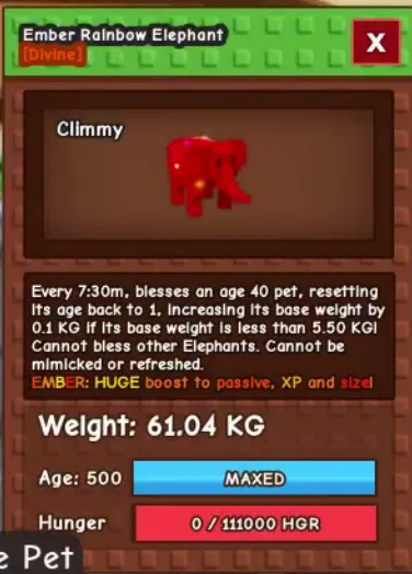60kg+ Ember Rainbow Elephant Divine super handsome // age 500 maxed // huge passive XP size boost// instand delivery//SUPER EARLYFANG legit