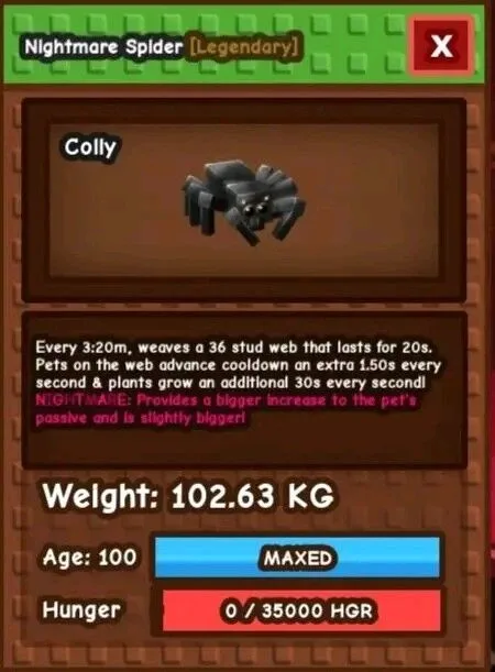 Nightmare Spider Max Age Kg 90-100 Big Passive Big Visual RARE ITEM — Account account