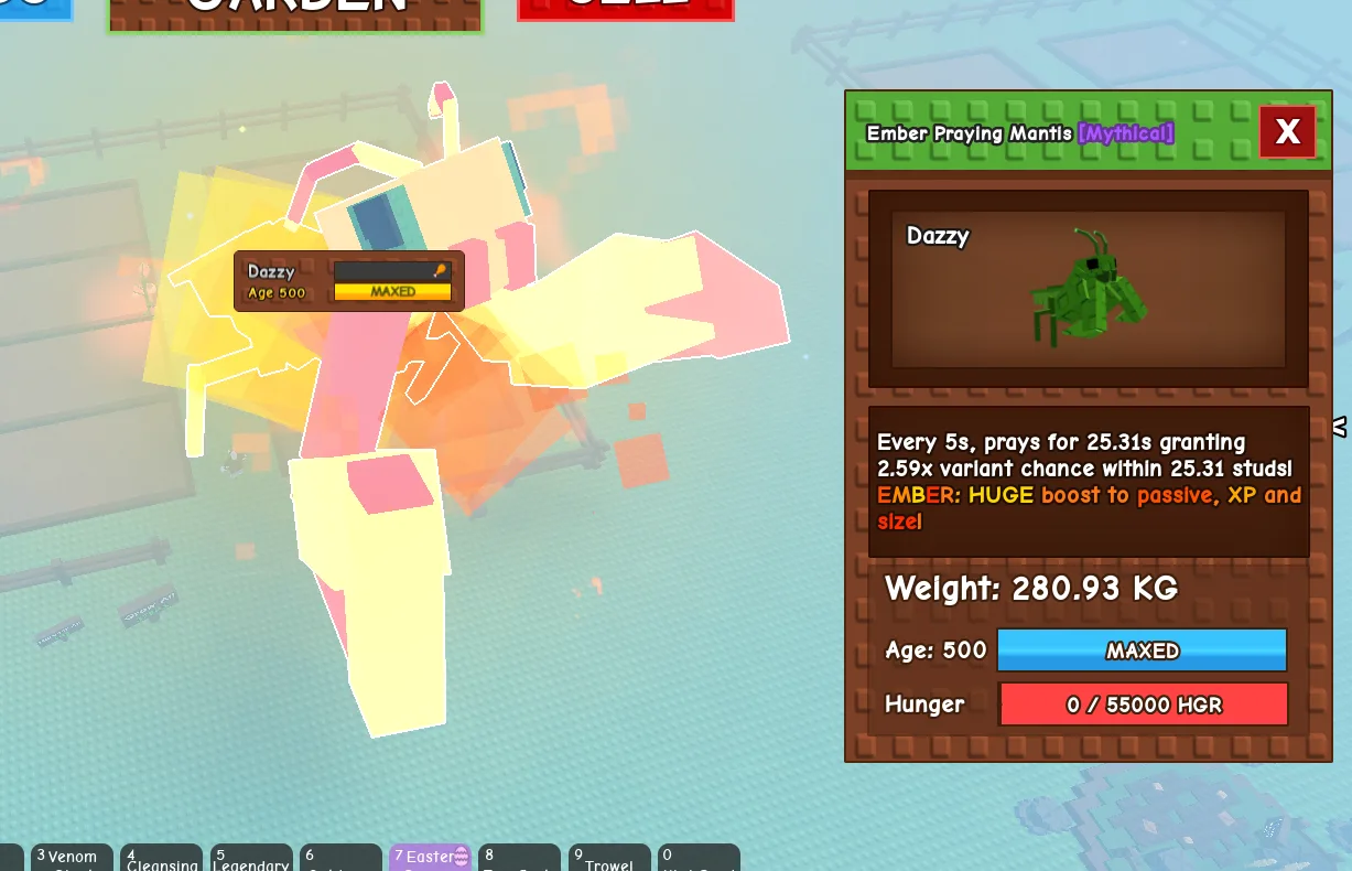 280KG+ Ember Praying Mantis Mythical // super handsome // Age 500 MAXED // 2.59x Variant Chance//not snowman soldier..i run out of tag others limita