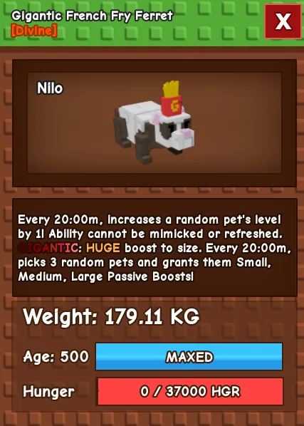 GIGANTIC 179kg French Fry Ferret level 500! Gives small, medium, large pet boosts and levels up a pet by 1! Fast Delivery