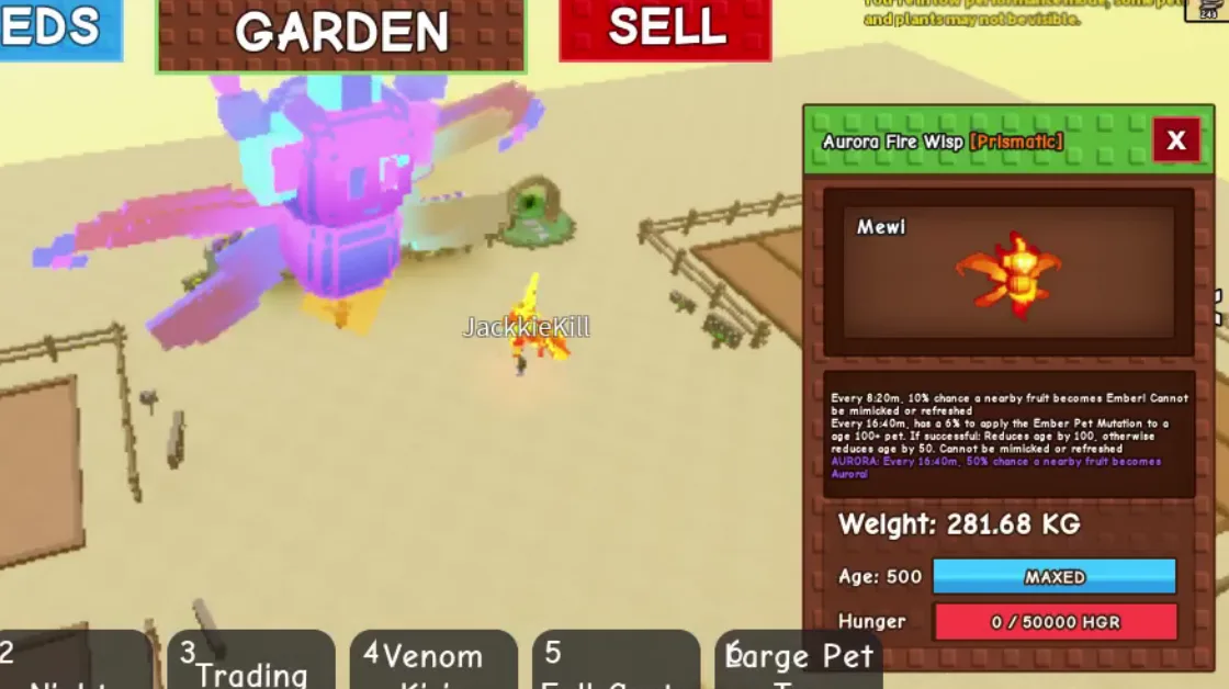 280kg+ Aurora Fire Wisp Prismatic // super handsome // max age // Grow a Garden GAG pet