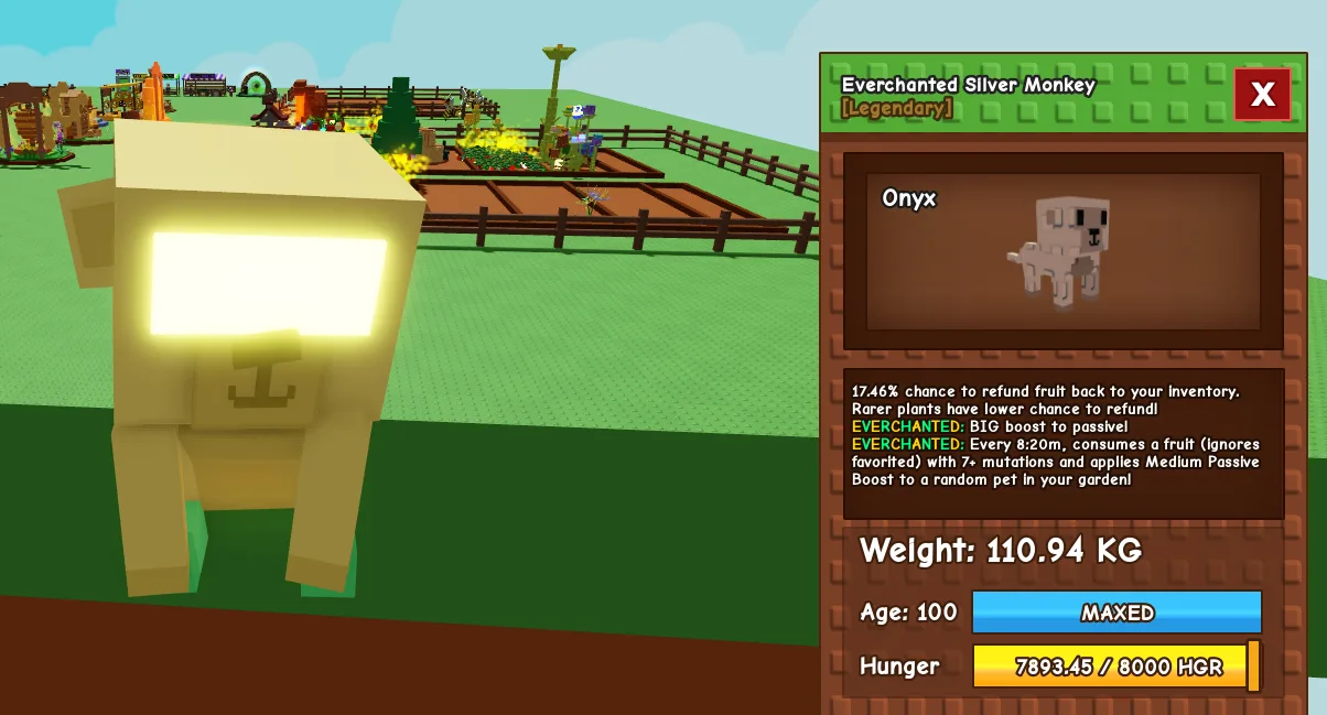 110.94kg everchanted silver monkey super handsome and cute///17.46 chance to refund fruit back. THIS IS NOT UNICYCLE MONKEY.. I ran out of limitatio