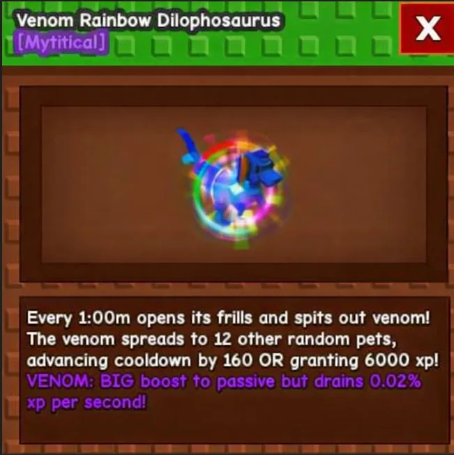 Huge Venom Rainbow Hatched Dilophosaurus 60+Kg Age 100 Venom Rainbow Huge Dilophosaurus / Grow A Garden