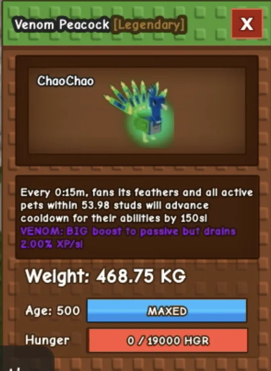 RARE Venom Godly Titanic Peacock 468KG+ Maxed Age 500 — Account account