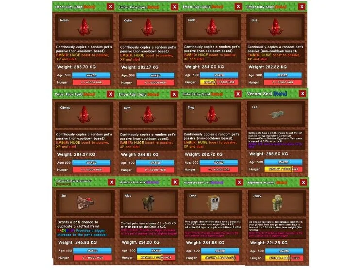 EMBER Ruby Squid x7 HUGE Package + Seal + Pachy + Mummy + Barn Owl + Pack Mule 12x pet package - DB