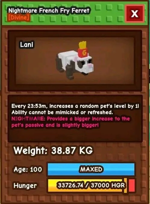 Nightmare French Fry Ferret Max Age Kg 38 Big Passive VISUAL RARE