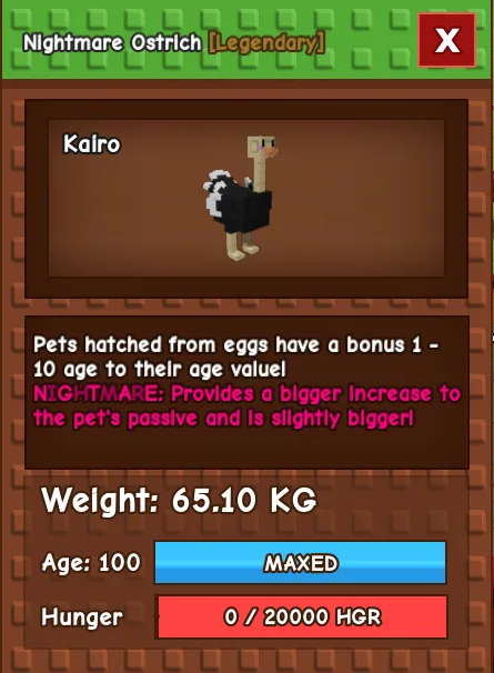 Grow a Garden I 65.10kg I NIGHTMARE I Age 100 I Ostrich — Account account