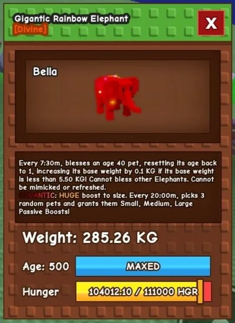 Gigantic Rainbow Hatched Elephant Weight 285,26 KG Age 500 Instant Delivery and Super Cheap Pet Grow a Garden