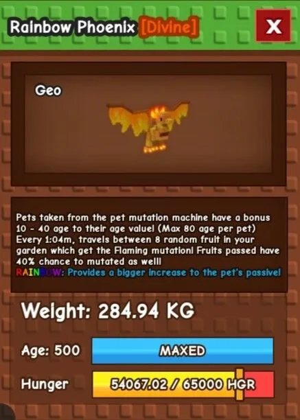 Rainbow Phoenix 284+Kg Age 500 Max Level