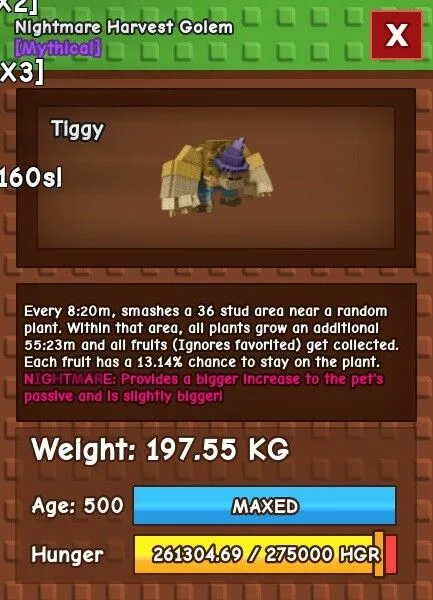 Nightmare Harvest Golem 197.55kg New Pet Harvests Your Fruit For You Huge Godly Titanic - Tiggy (EP)