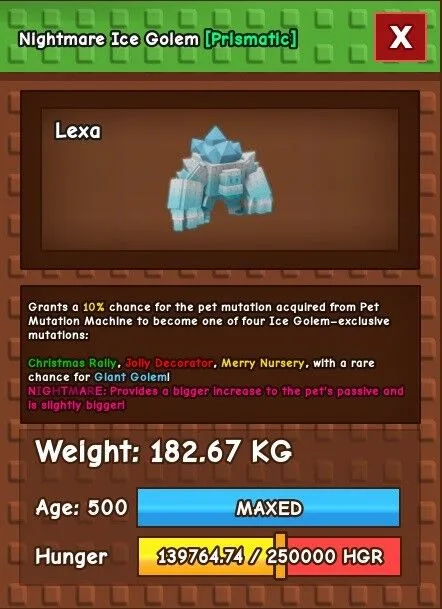 Nightmare Ice Golem 182.67kg Huge Max Passive Titanic Godly Does GiantGolem Mutation - Lexa (EP)