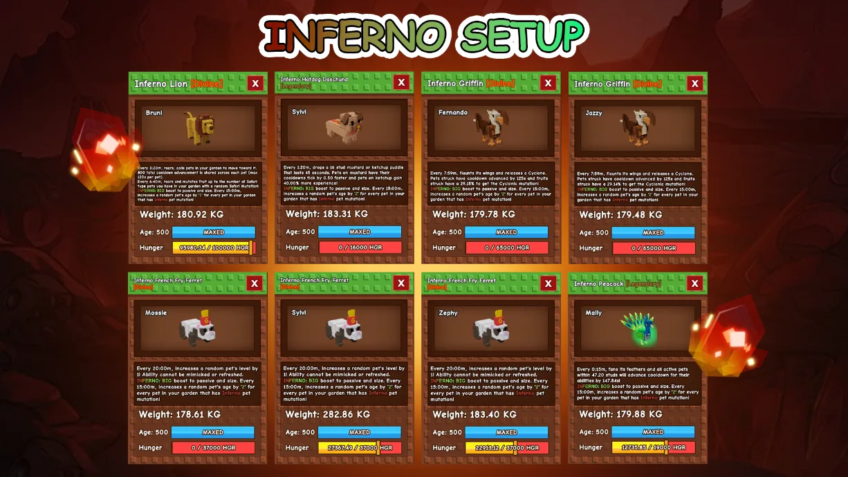 INFERNO Pet Aging CD/XP Bundle x8 Huge Pets RBH Peacock 2xGriffin Hotdog Lion & 3x FFF