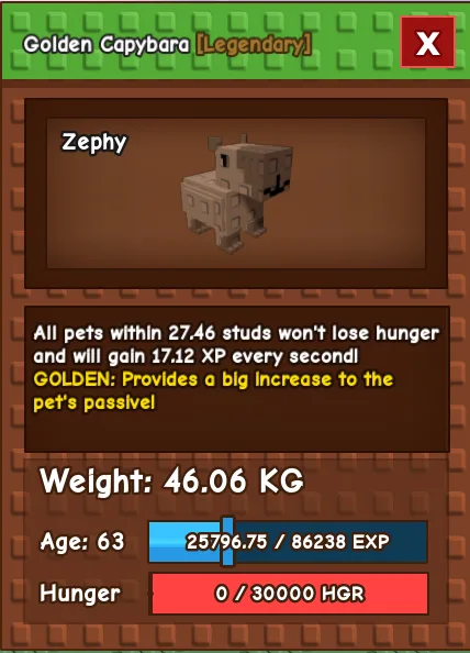 Grow a Garden Golden Capybara 46.06kg Roblox Exclusive Pet