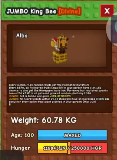 60kg+ Jumbo King Bee super handsome ( 60kg+ at level 100, can go to 280kg+ at level 500 max)