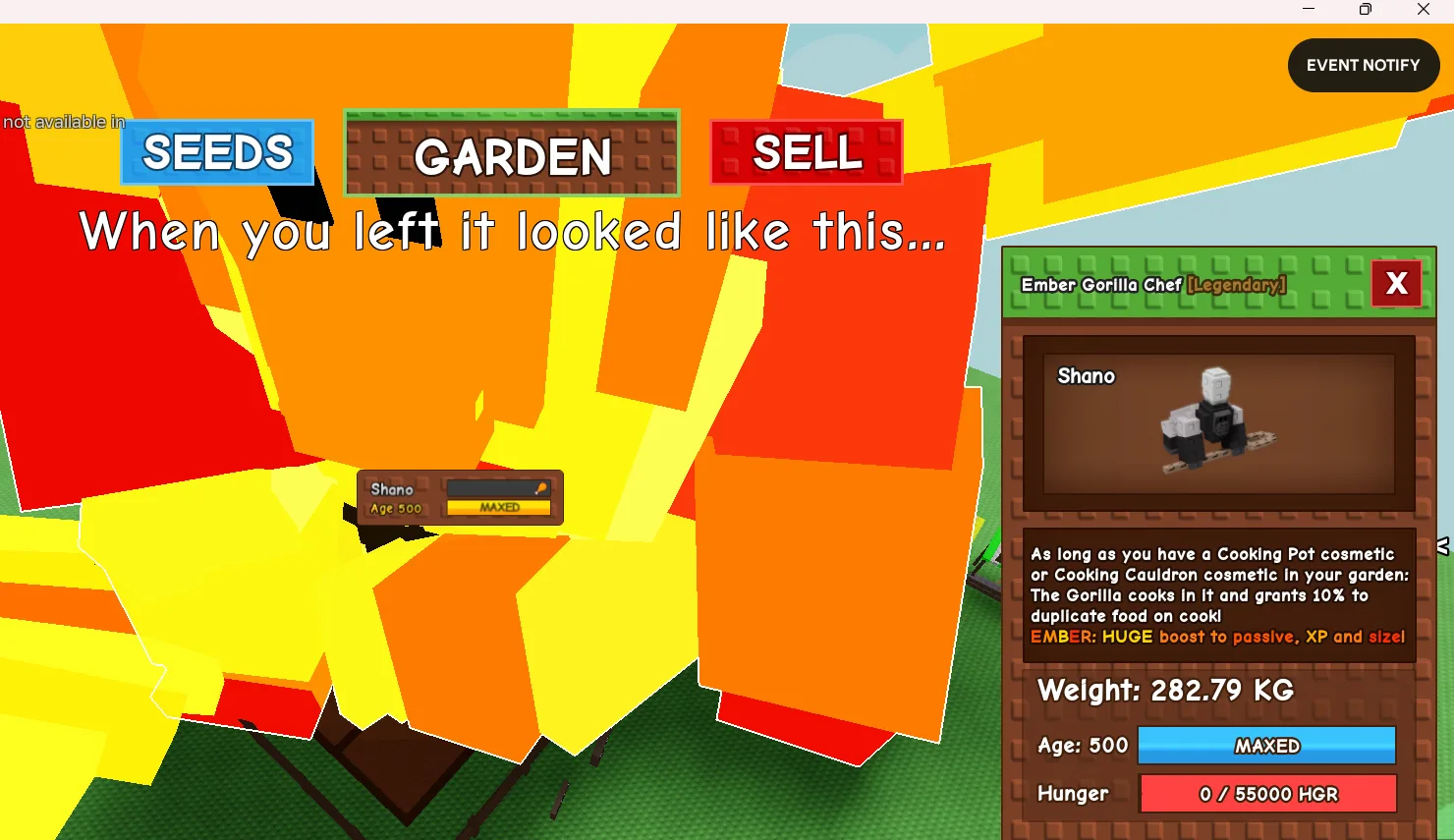 280KG+ Ember Gorilla Chef Legendary // super handsome // Age 500 MAXED // 10 Duplicate Food Passive//not chrismas gorilla/i run out of tag others li