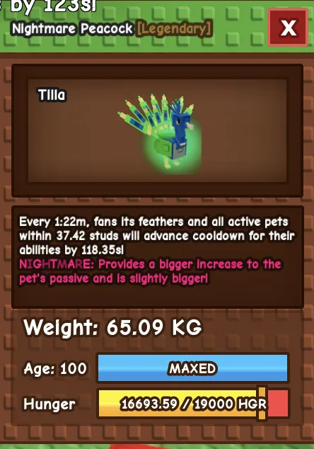 Huge Nightmare Peacock 65.09Kg 1:22M/s