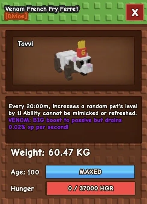VENOM HUGE FRENCH FRY FERRET 60 TO 61 KG 20 MINS COOLDOWN FAST LEVELING — Account account