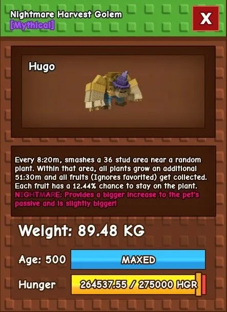 Nightmare Harvest Golem 89.48kg New Pet Harvests Your Fruit For You Huge Godly Titanic - Hugo (EP)