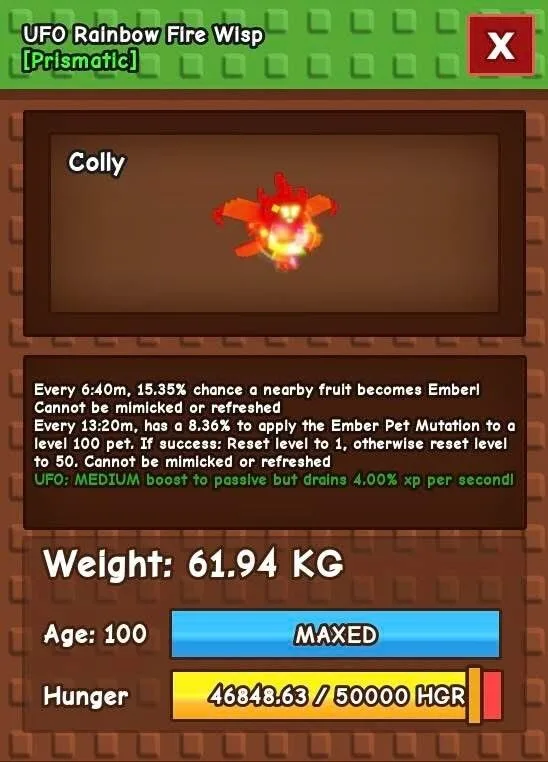 Huge Rainbow Hatched Fire Wisp 60 - 62 Kg+ MUTATION PET CHEAPEST AND INSTANT DELIVERY