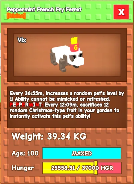 Peppermint French Fry Ferret (FFF) 38-39 KG Cooldown 37 minutes Age 100 (Max) Extra skill at 12mins! TWO LEVELS FFF SKILLS! — Account account