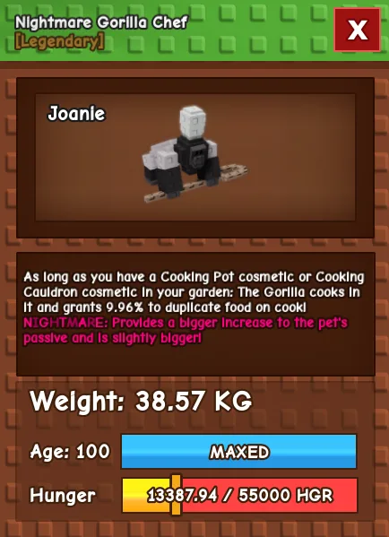 CHEAP 38kg Nightmare Chef Gorillo level 100!! 9.96 chance to duplicated crafted food!