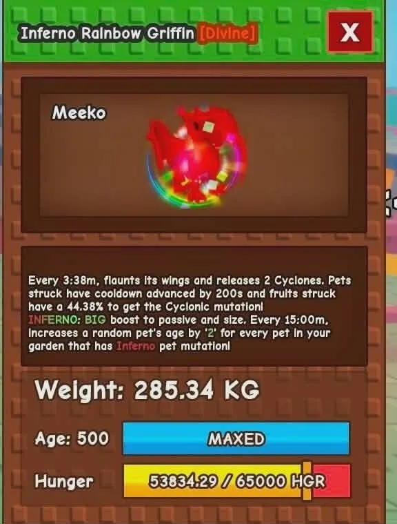 INFERNO RAINBOW GRIFFIN (RBH) 60-61KG - 280KG+ AGE 500 INSTANT DELIVERY