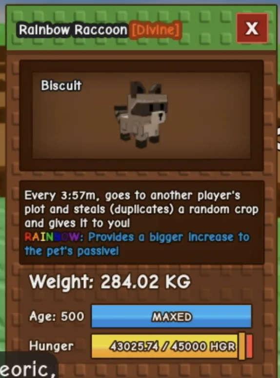 RARE! Rainbow Raccoon 284.02KG Maxed Age 200 Fast Delivery