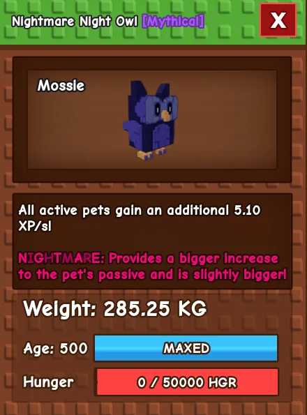 Nightmare Night Owl 280 KG Age 500 instant delivery titanic night owl 280kg huge night owl 280 kg night owl pet nightmare mutation night owl