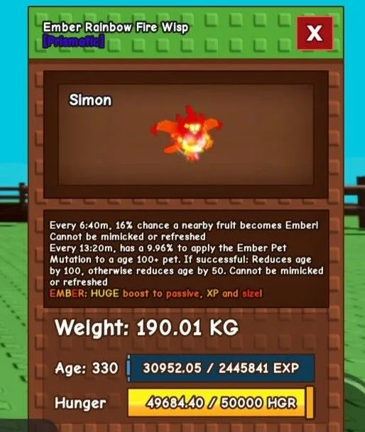 Rbh (rainbow hatched) fire wisp 190.01kg age 330 ( firewisp )