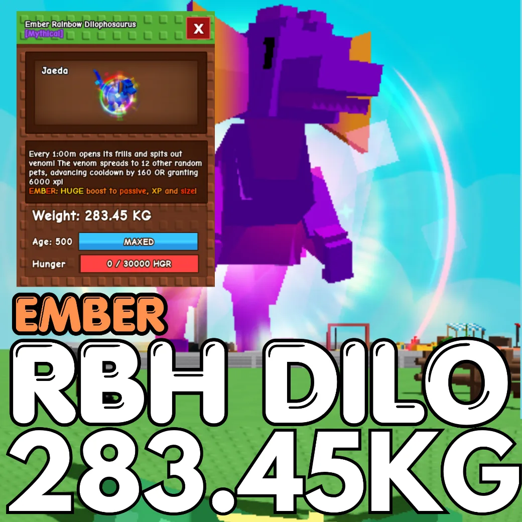 EMBER Huge Rainbow Hatched Dilophosaurus 283.45KG RBH Dilo Age 500 INSTANT DELIVERY