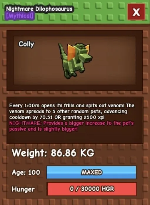Huge / Titanic NIGHTMARE Dilophosaurus - 86.86 KG (Age 100) 1:00m cooldown — Account account