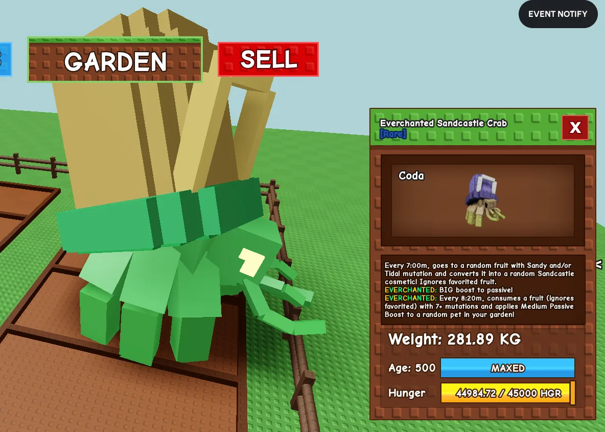 280KG+ Everchanted Sandcastle Crab Rare // super handsome // Age 500 Maxed // Cosmetic & Passive Boost//not disco bee/ i run out of tag others limit