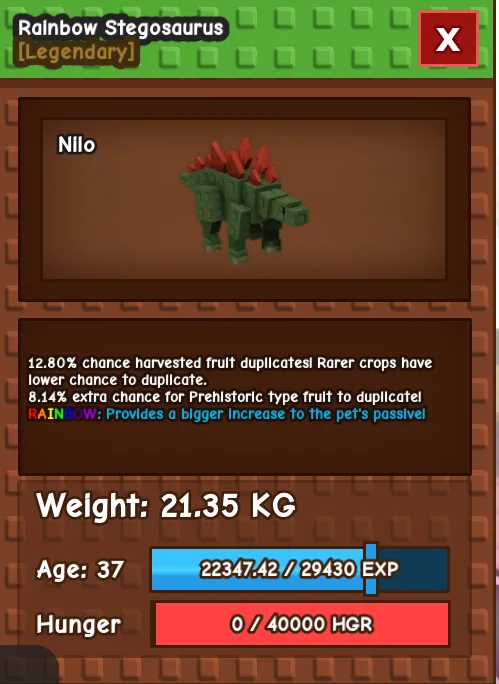 RAINBOW HUGE STEGOSAURUS AGE 37 21.35KG 49KG IF MAXED AGE GAG PET INSTANT DELIVERY