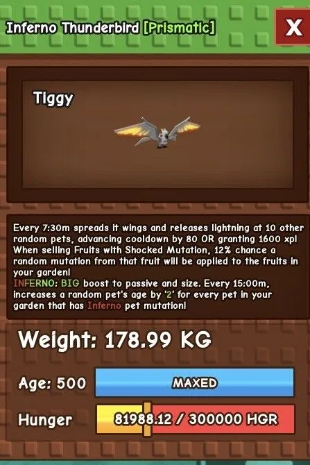 Inferno Thunderbird huge 178.99kg Age 500 Tiggy (O)