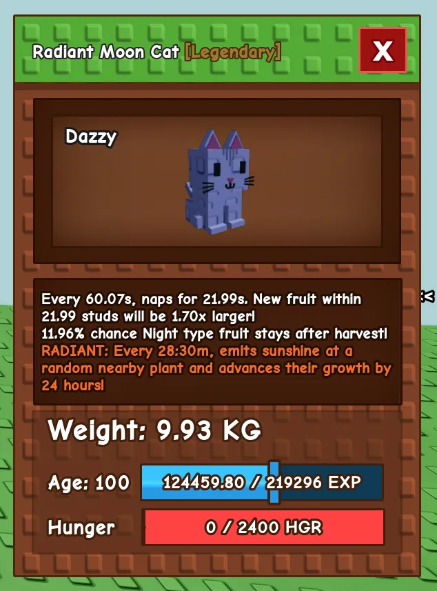 AGE 100 Radiant Moon Cat Pet (9.93 KG / Legendary) - Fast Delivery