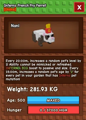 Inferno French Fry Ferret 280+KG Age 500 Ferret with Inferno Mutation!