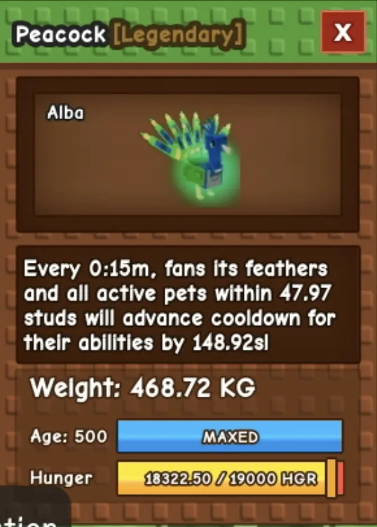 RARE Godly Titanic Peacock 468KG+ Maxed Age 500