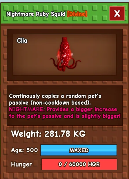 lv.500 RUBY SQUID MAX 280 KG++ NIGHTMARE MUTATION MAX AGE 500