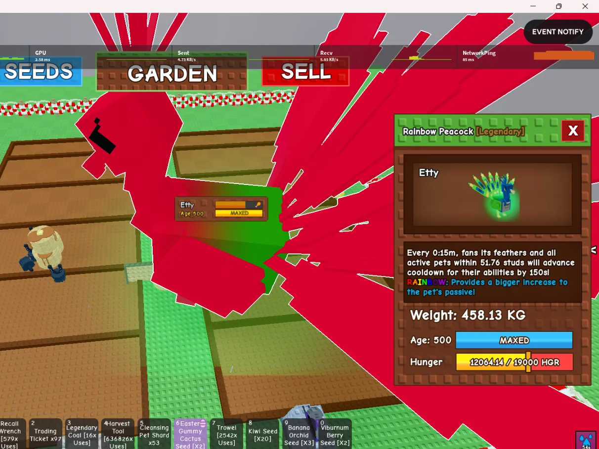 458kg Rainbow Peacock Legendary // super handsome // Age 500 MAXED // 150s Cooldown Boost // Mega Weight