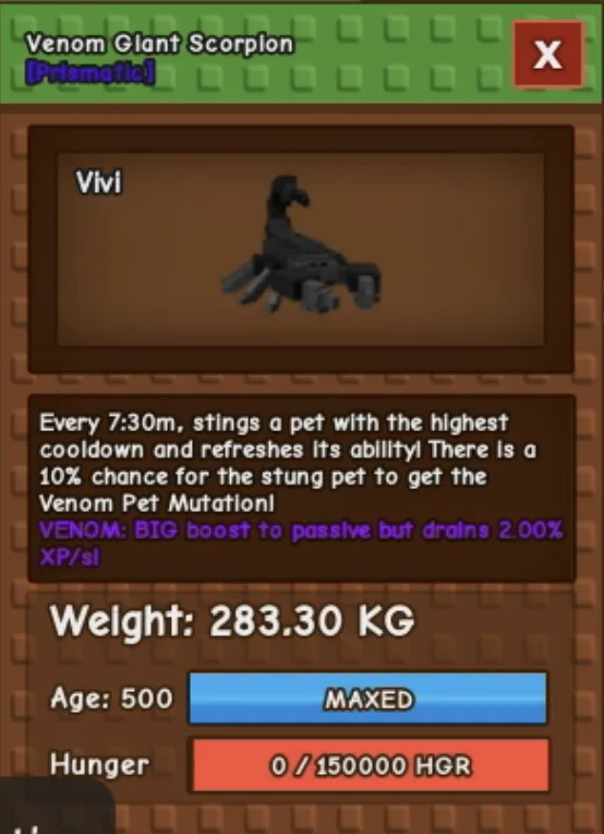 Venom Huge Giant Scorpion 283.30KG Maxed Age 500 Venom Chance 10 — Account account